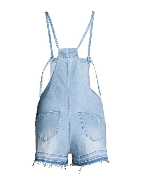 SZ60208 High Waisted Solid Denim Romper Shorts in Light Blue